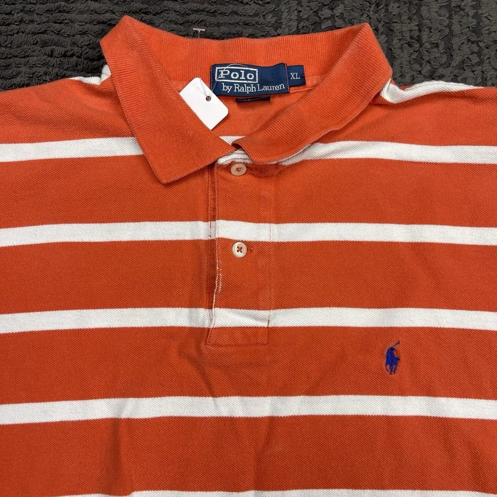 Polo Ralph Lauren Men's XL‎ Orange White Striped Short Sleeve Polo Shirt Cotton